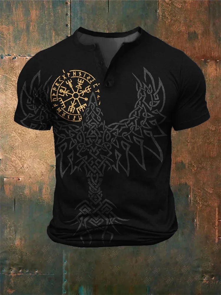 Men's Viking Print Casual Henley Neck Short Sleeve T-Shirt