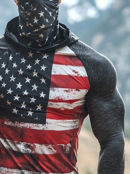 Men's Outdoor Sun Protection Breathable Cool Mask American Flag Print Hooded Sun Protection Long Sleeve Top