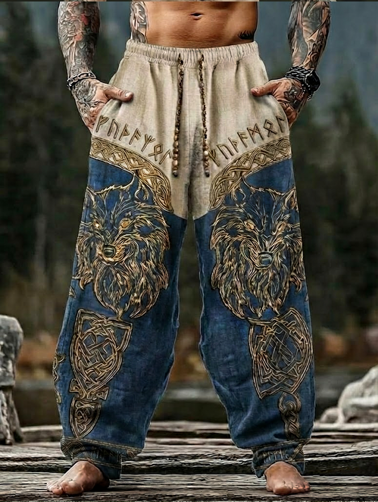 Men's Viking Two-Tones Wolf Celtic Valknut Totem Nordic Retro Pants