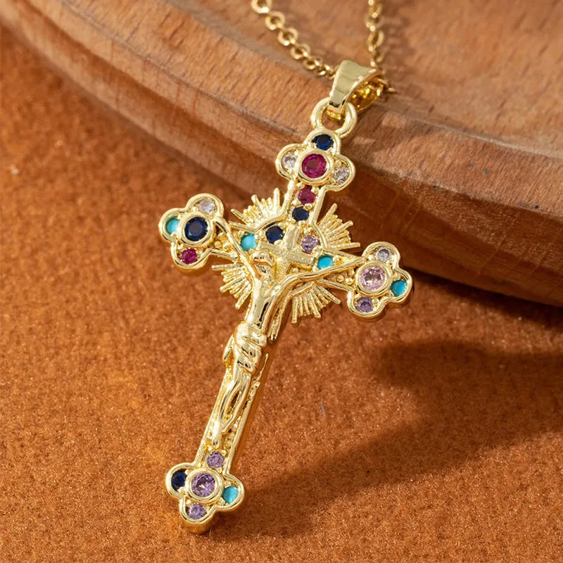 Jesus Crucifixion Colored Zircon Necklace