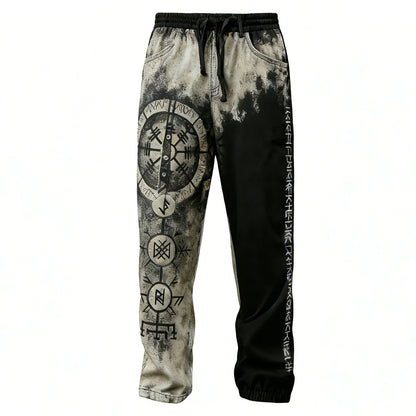 Viking Retro Rune Vintage Washed Printed Street Trousers
