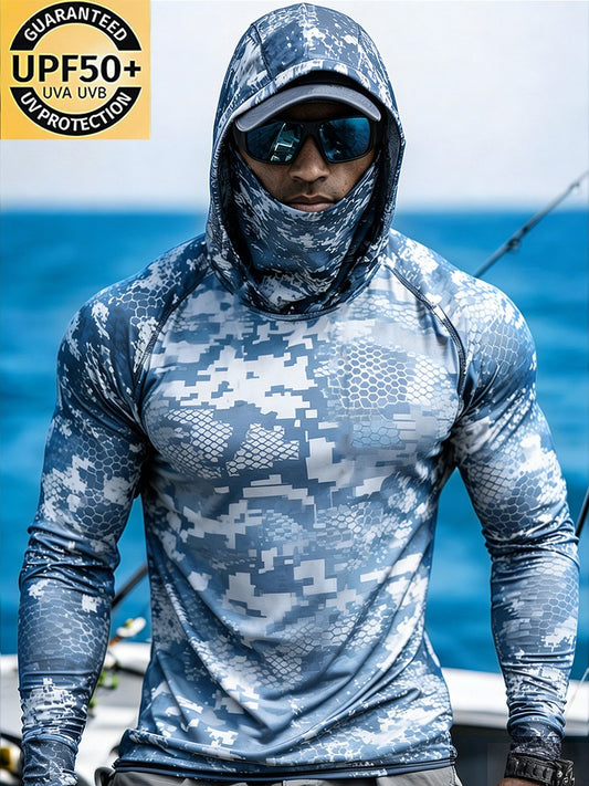 Men's Outdoor Sun Protection Breathable Cool Face Mask Hooded Printed Long-Sleeved Top