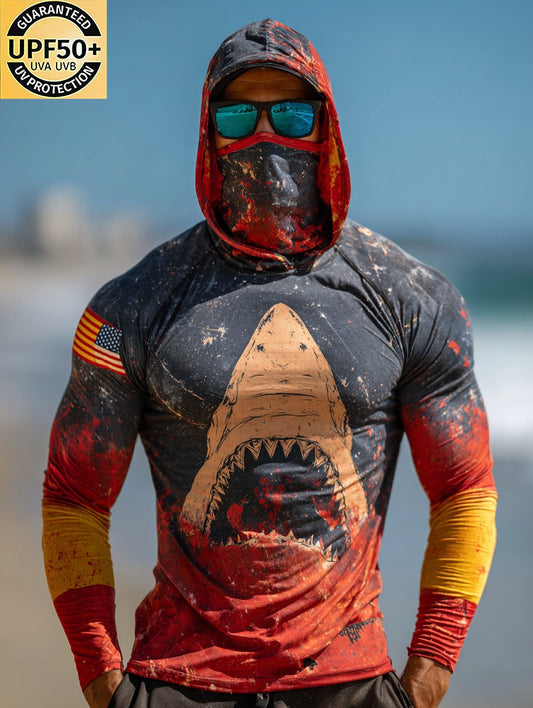 Blood Shark USA Flag Hooded Sun Protection Top