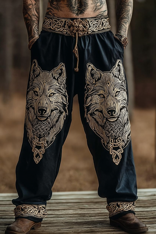Men's Viking Nordic Rune Wolf Head Totem Knot Sports Pants