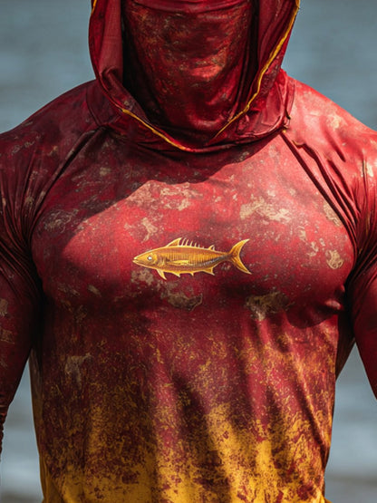 Men's Outdoor Sun Protection Breathable Cool Face Mask Hooded Printed Long-Sleeved Top