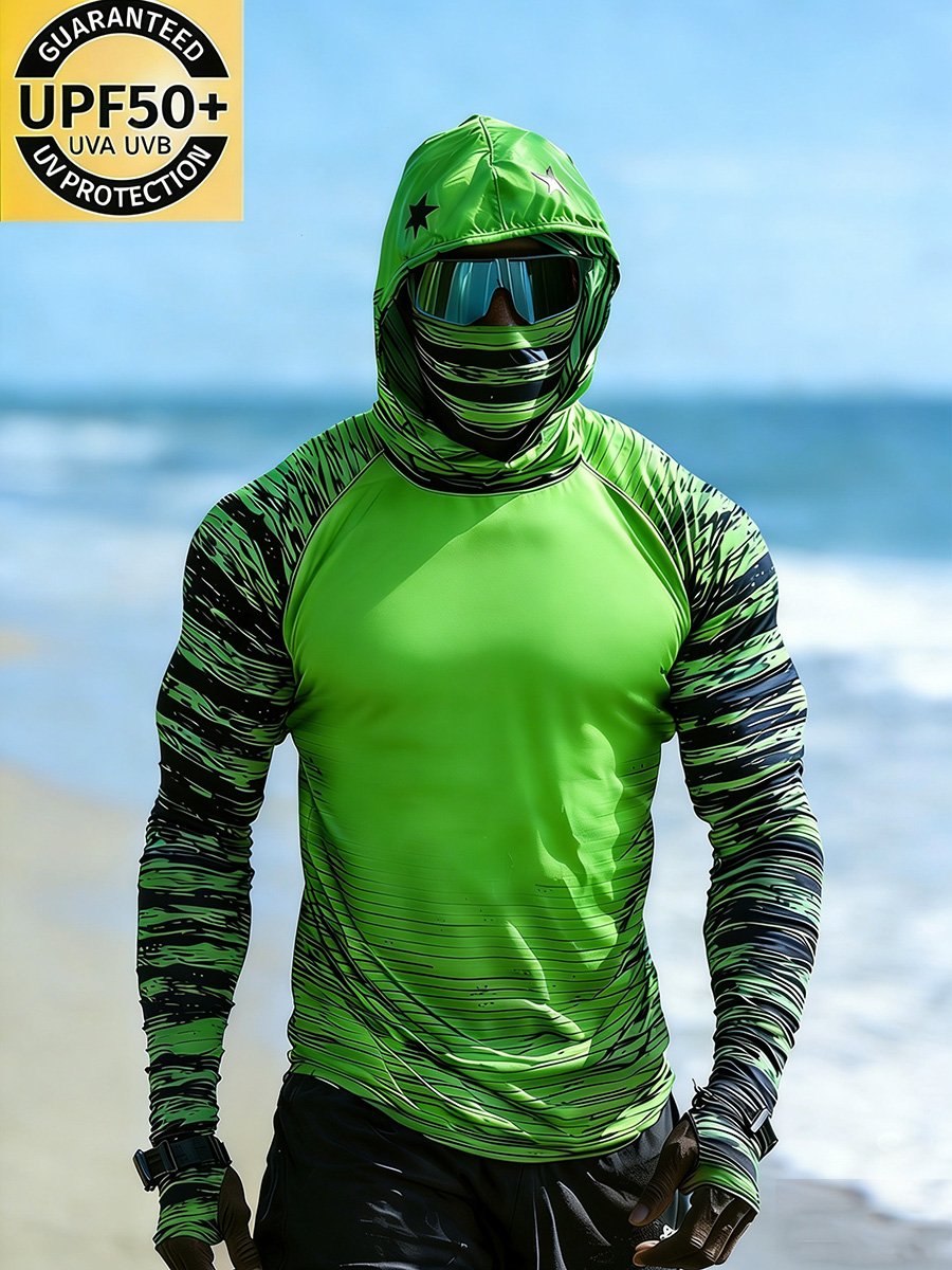 Men's Outdoor Sun Protection Breathable Cool Face Mask Hooded Printed Long-Sleeved Top