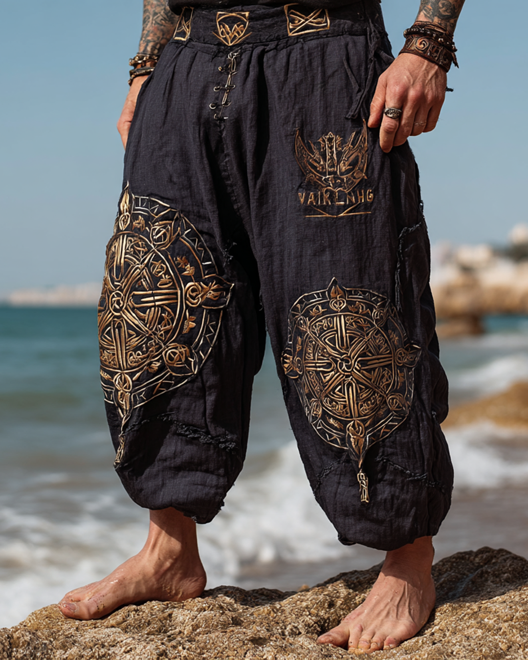 Men's Viking Retro Nordic Golden Compass Totem Linen Pants