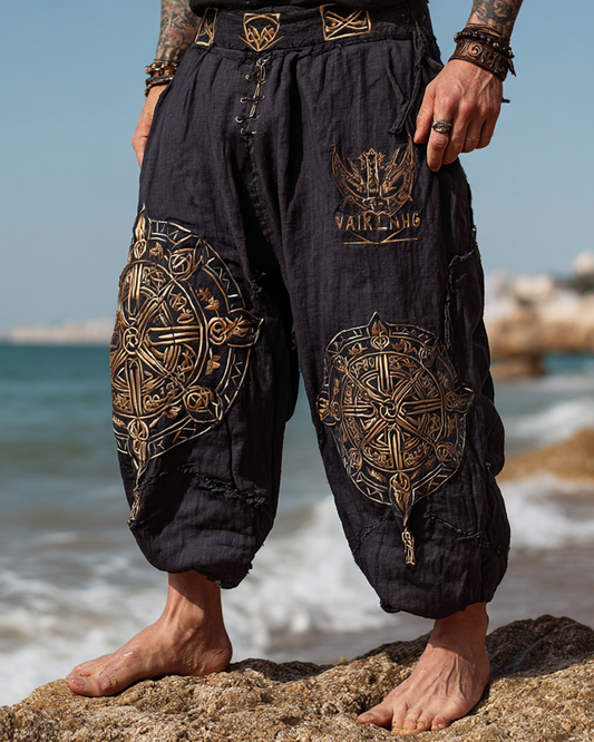Men's Viking Retro Nordic Golden Compass Totem Linen Pants