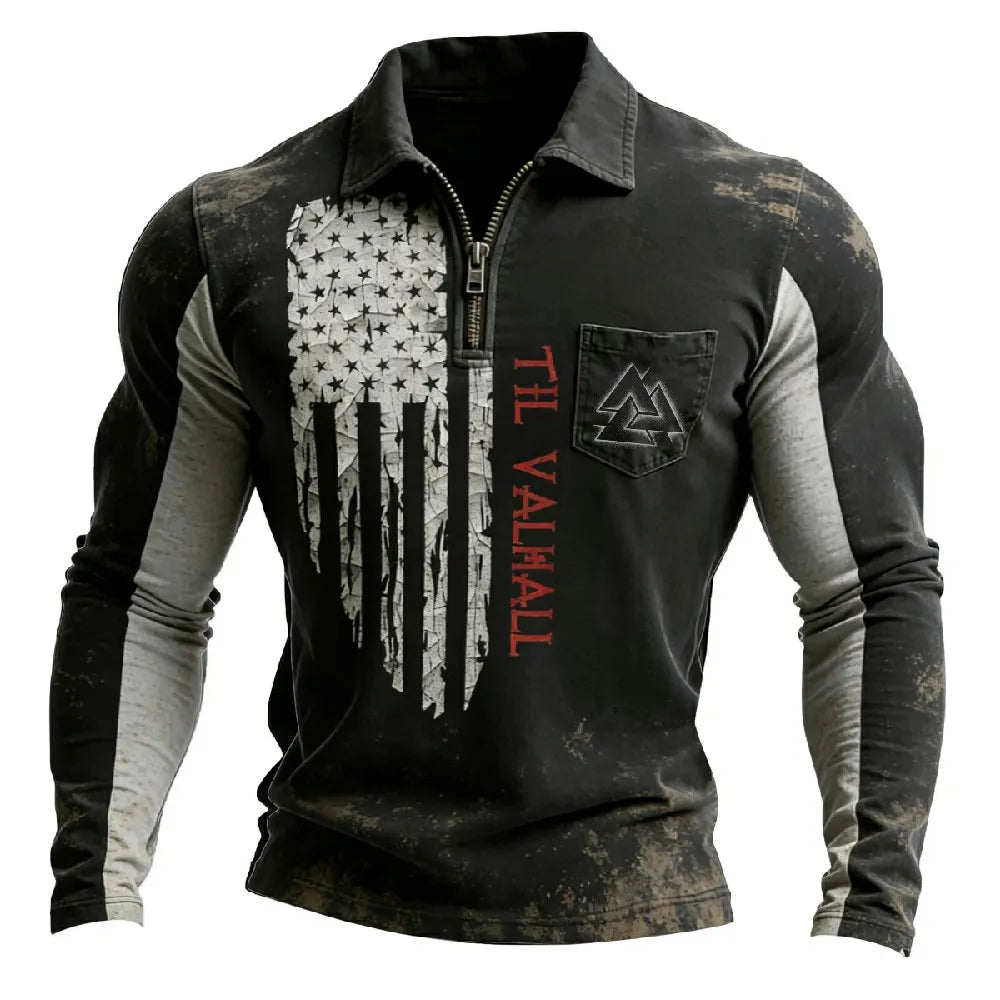 Vintage-washed printed Viking battle axe with American spirit half-zip pocket sweatshirt