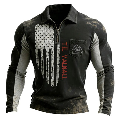 Vintage-washed printed Viking battle axe with American spirit half-zip pocket sweatshirt