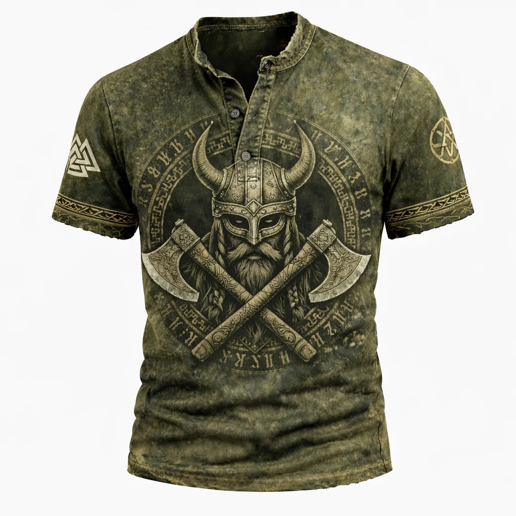 Unisex Viking Warrior Graphic Henley T-Shirt - Norse Mythology Distressed Short Sleeve Top