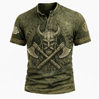 Unisex Viking Warrior Graphic Henley T-Shirt - Norse Mythology Distressed Short Sleeve Top