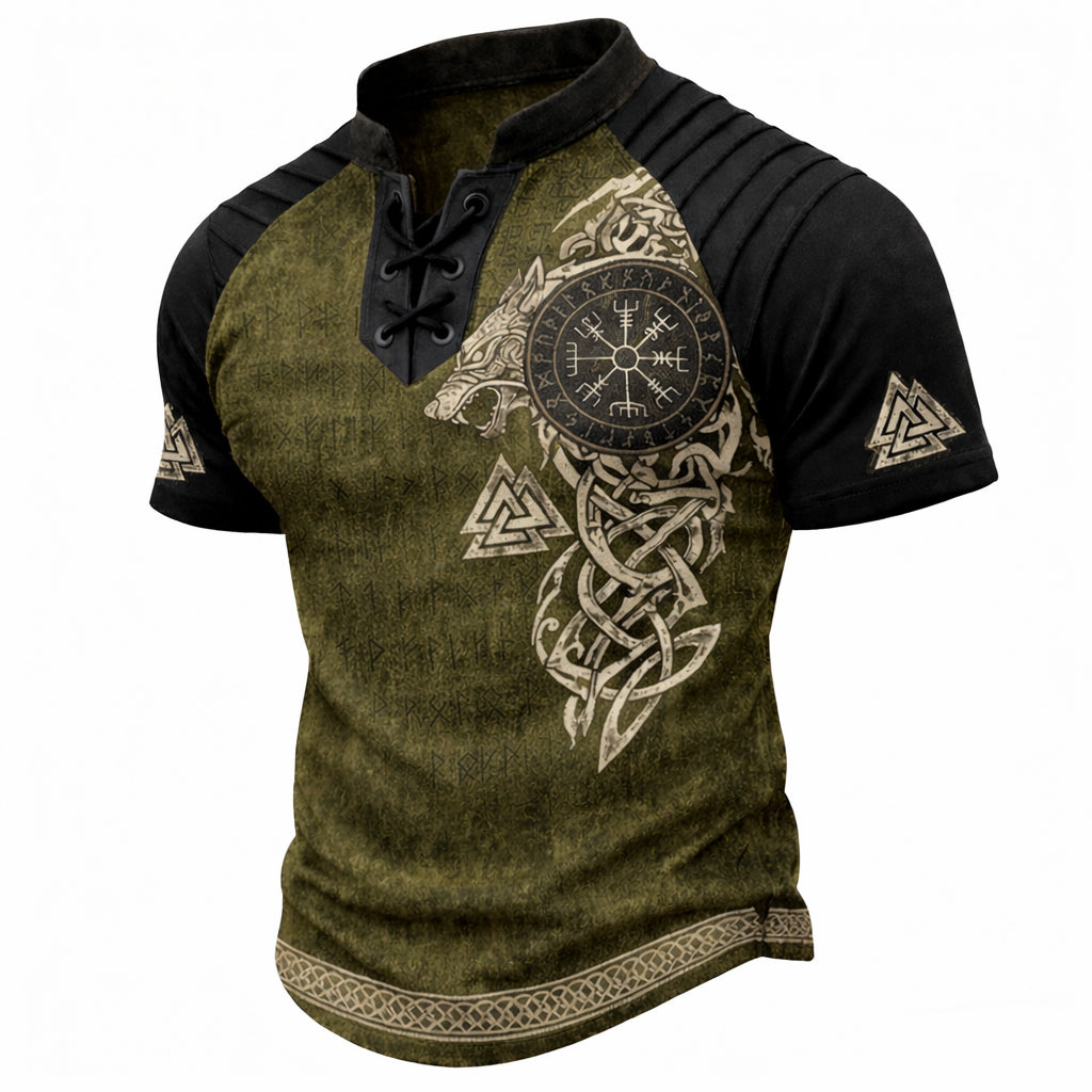 Men's Viking Runes Short Sleeve T-Shirt - Laced V-Neck Ribbed Shoulder Norse Top