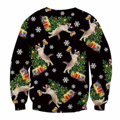 Unisex Beer DJ Cats Print Crew Neck Ugly Christmas Sweatshirt