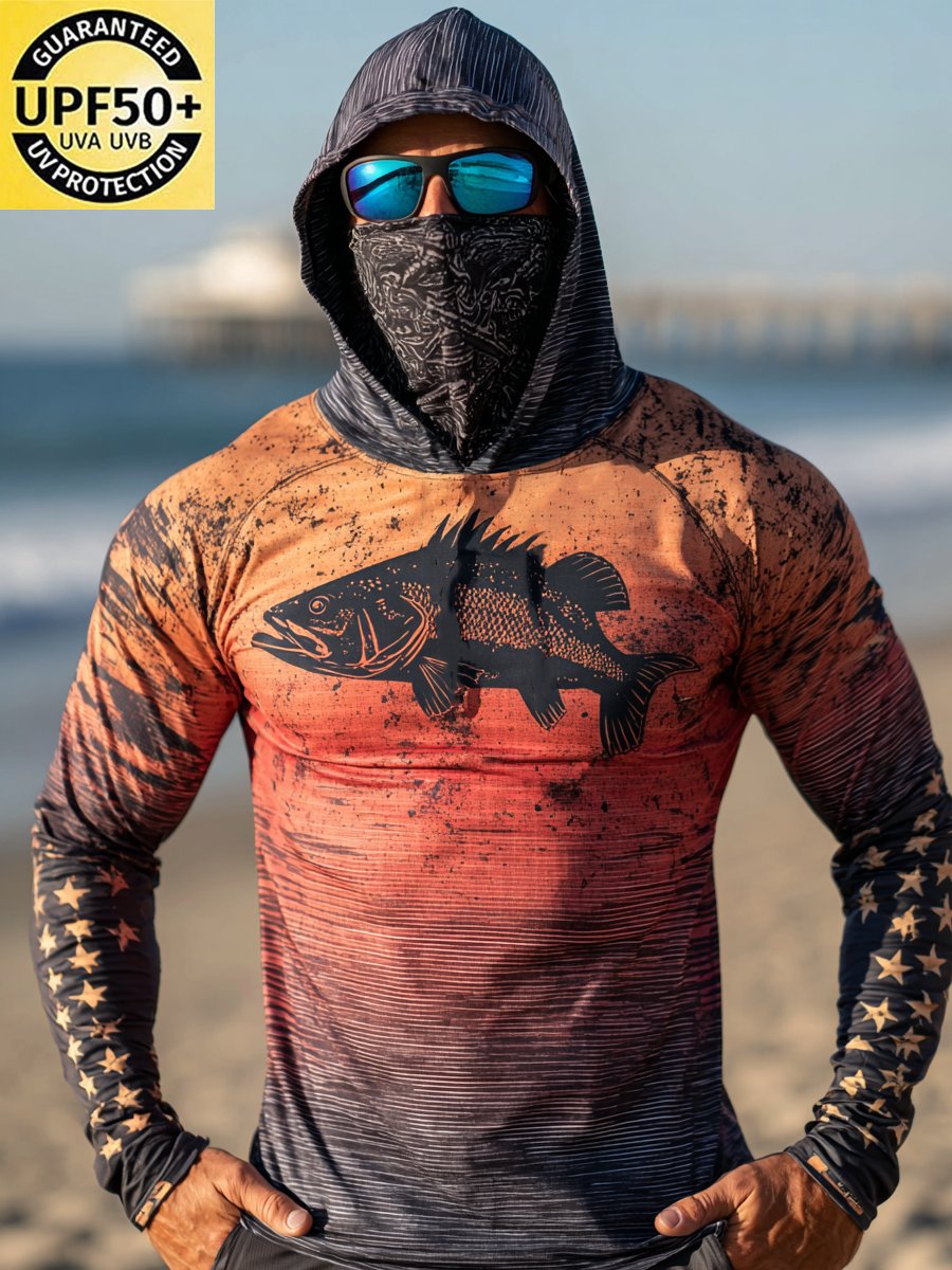 Men's Outdoor Sun Protection Breathable Cool Face Mask Hooded Printed Long-Sleeved Top