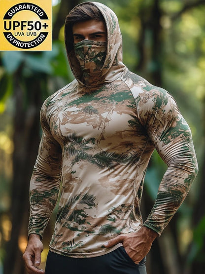 Men's Outdoor Sun Protection Breathable Cool Hunting Camouflage Mask Hooded Sun Protection Long-Sleeved Top