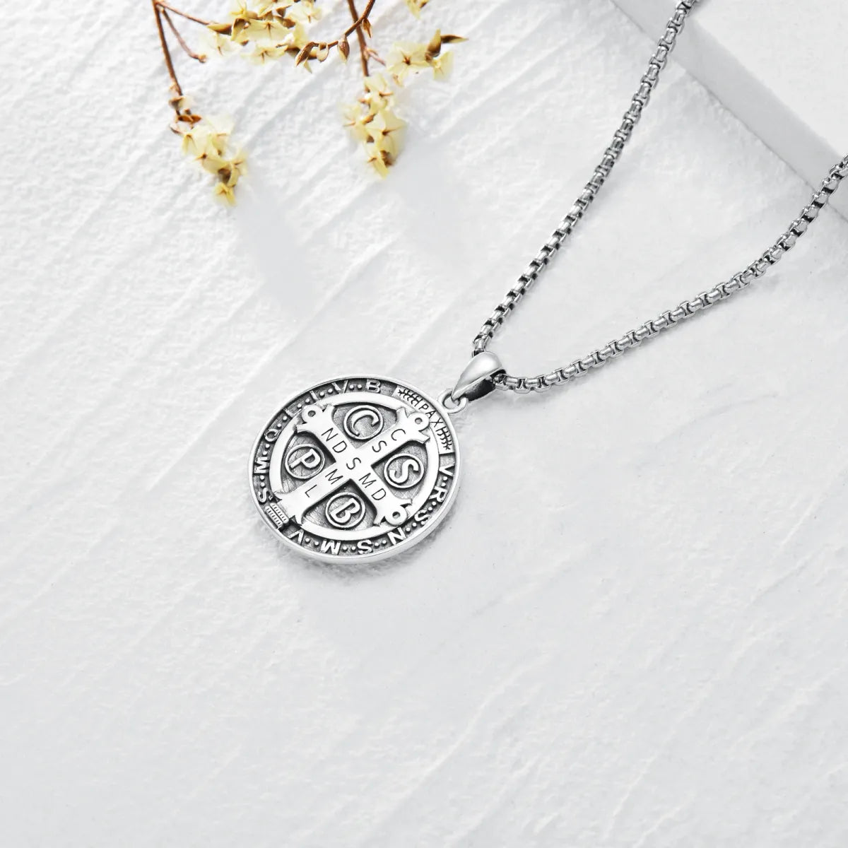 Sterling Silver Round Saint Benedict Pendant Necklace for Men