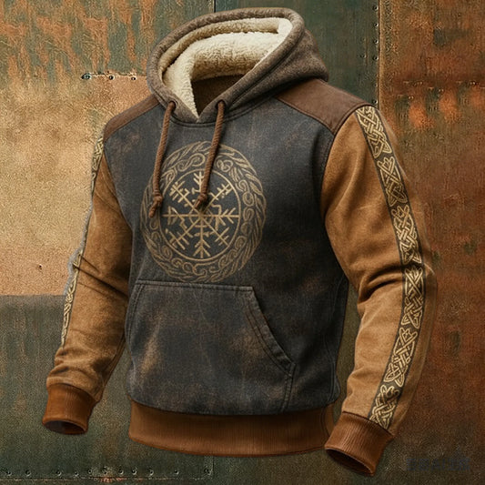 Nordic Retro Viking Hoodie with Celtic Trim and Fleece Collar