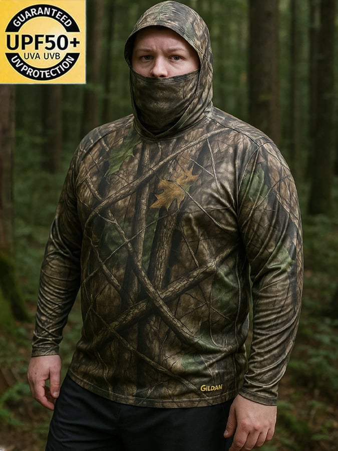 Men's Outdoor Sun Protection Breathable Cool Hunting Camouflage Mask Hooded Sun Protection Long-Sleeved Top