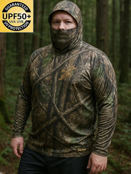Men's Outdoor Sun Protection Breathable Cool Hunting Camouflage Mask Hooded Sun Protection Long-Sleeved Top