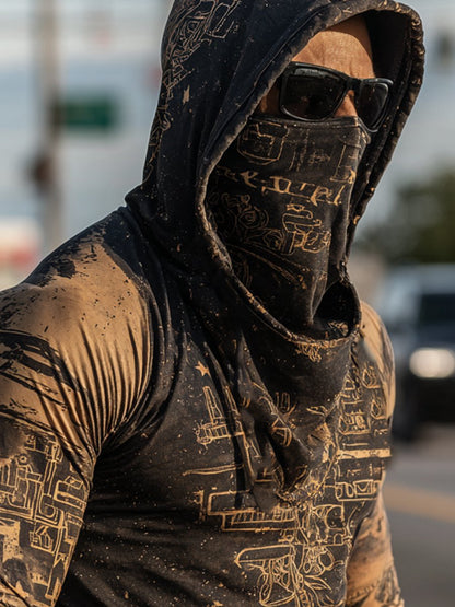 Men's Retro Print Outdoor Sun Protection Breathable Cool Mask Hooded Sun Protection Long Sleeve Top
