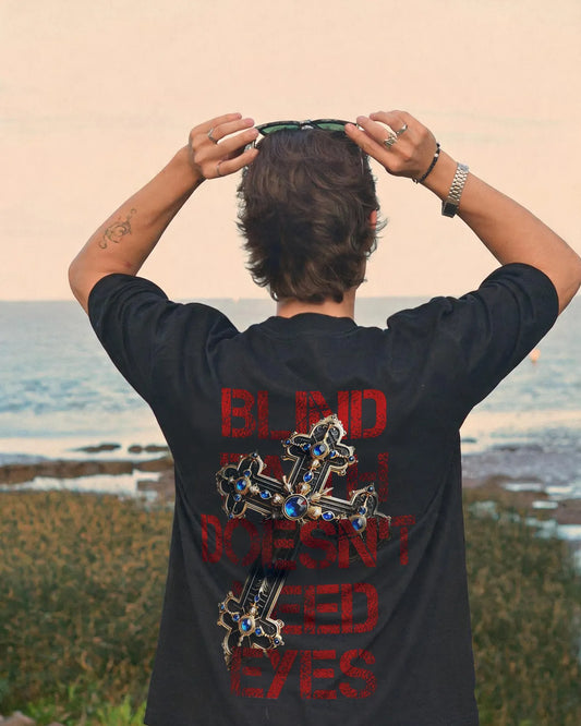 Blind Doesn't Need Eyes Gem Ornate Cross Printed Men's T-shirt
