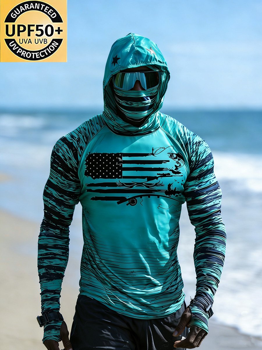 Men's Outdoor Sun Protection Breathable Cool Face Mask Hooded Printed Long-Sleeved Top