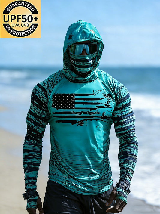 Men's Outdoor Sun Protection Breathable Cool Face Mask Hooded Printed Long-Sleeved Top