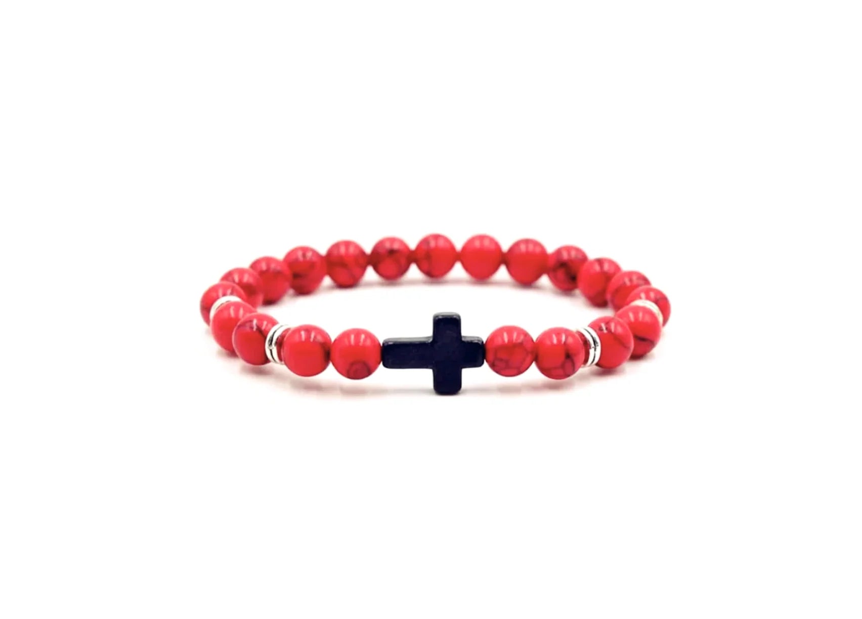 Cross Stone Bead Bracelet - Red Grit
