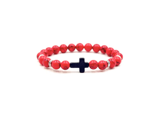 Cross Stone Bead Bracelet - Red Grit