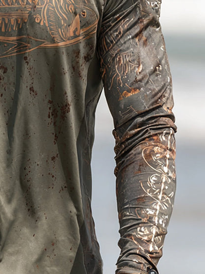 Men's Outdoor Sun Protection Breathable Cool Face Mask Hooded Printed Long-Sleeved Top