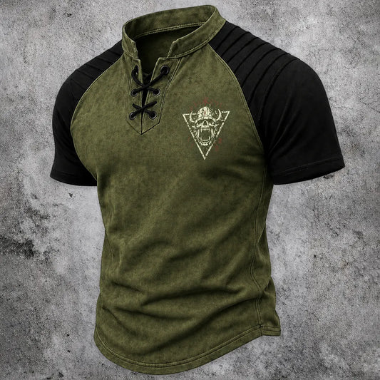 Men's Viking Skull Graphic Lace-Up Henley T-Shirt - Distressed Raglan Short Sleeve Tee