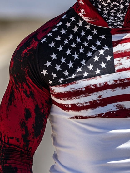 Men's Outdoor Sun Protection Breathable Cool Mask American Flag Print Hooded Sun Protection Long Sleeve Top
