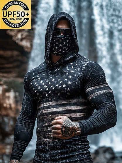 Men's Outdoor Sun Protection Breathable Cool Mask American Flag Print Hooded Sun Protection Long Sleeve Top