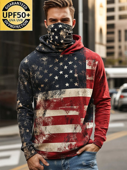 Men's Outdoor Sun Protection Breathable Cool Mask American Flag Print Hooded Sun Protection Long Sleeve Top