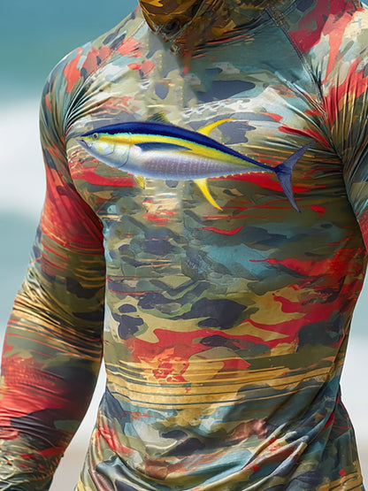 Men's Outdoor Sun Protection Breathable Cool Face Mask Hooded Printed Long-Sleeved Top