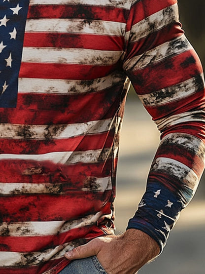 Men's Outdoor Sun Protection Breathable Cool Mask American Flag Print Hooded Sun Protection Long Sleeve Top