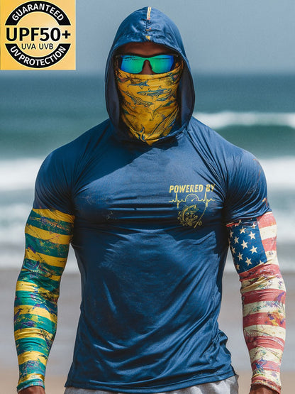 Men's Outdoor Sun Protection Breathable Cool Face Mask Hooded Printed Long-Sleeved Top