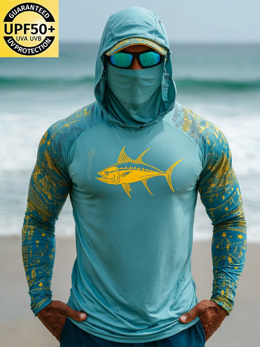 Men's Outdoor Sun Protection Breathable Cool Face Mask Hooded Printed Long-Sleeved Top