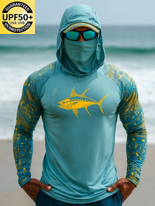 Men's Outdoor Sun Protection Breathable Cool Face Mask Hooded Printed Long-Sleeved Top