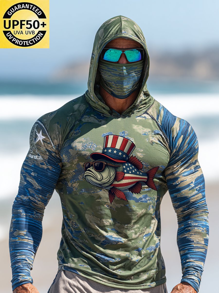 Men's Outdoor Sun Protection Breathable Cool Face Mask Hooded Printed Long-Sleeved Top