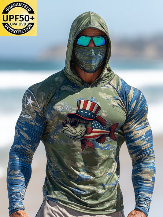 Men's Outdoor Sun Protection Breathable Cool Face Mask Hooded Printed Long-Sleeved Top