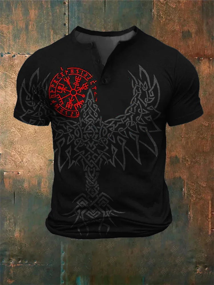 Men's Viking Print Casual Henley Neck Short Sleeve T-Shirt