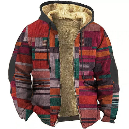 Men's Christmas Retro Colorful Geometric Print Fleece Casual Zipper Holiday Outing Hoodie Coat Jacket