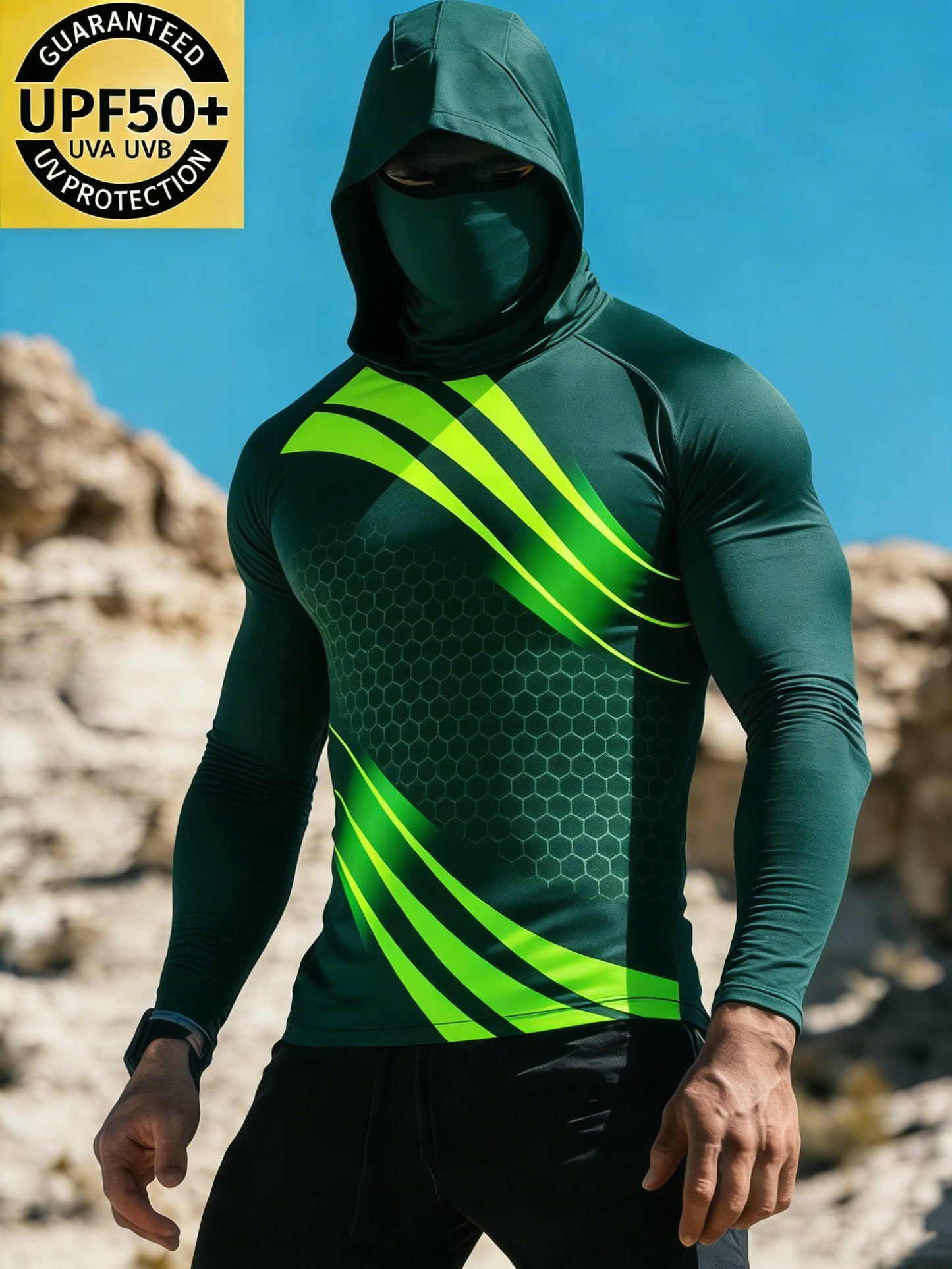 Men's Green Hex Grid Neon Curves Sun Protection Print Top
