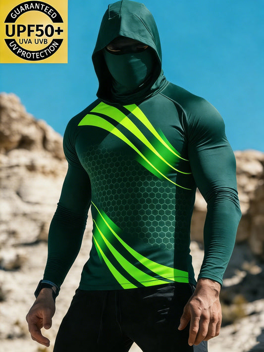 Men's Green Hex Grid Neon Curves Sun Protection Print Top