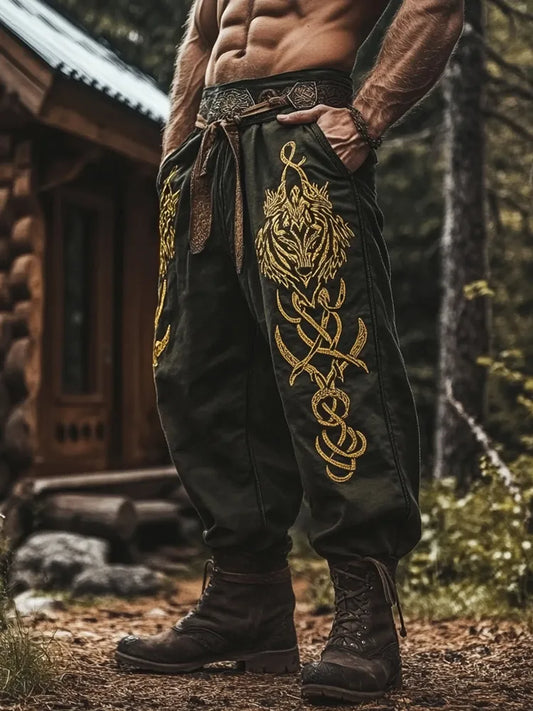 Men's Viking Golden Wolf Rune Retro Nordic Casual Linen Pants