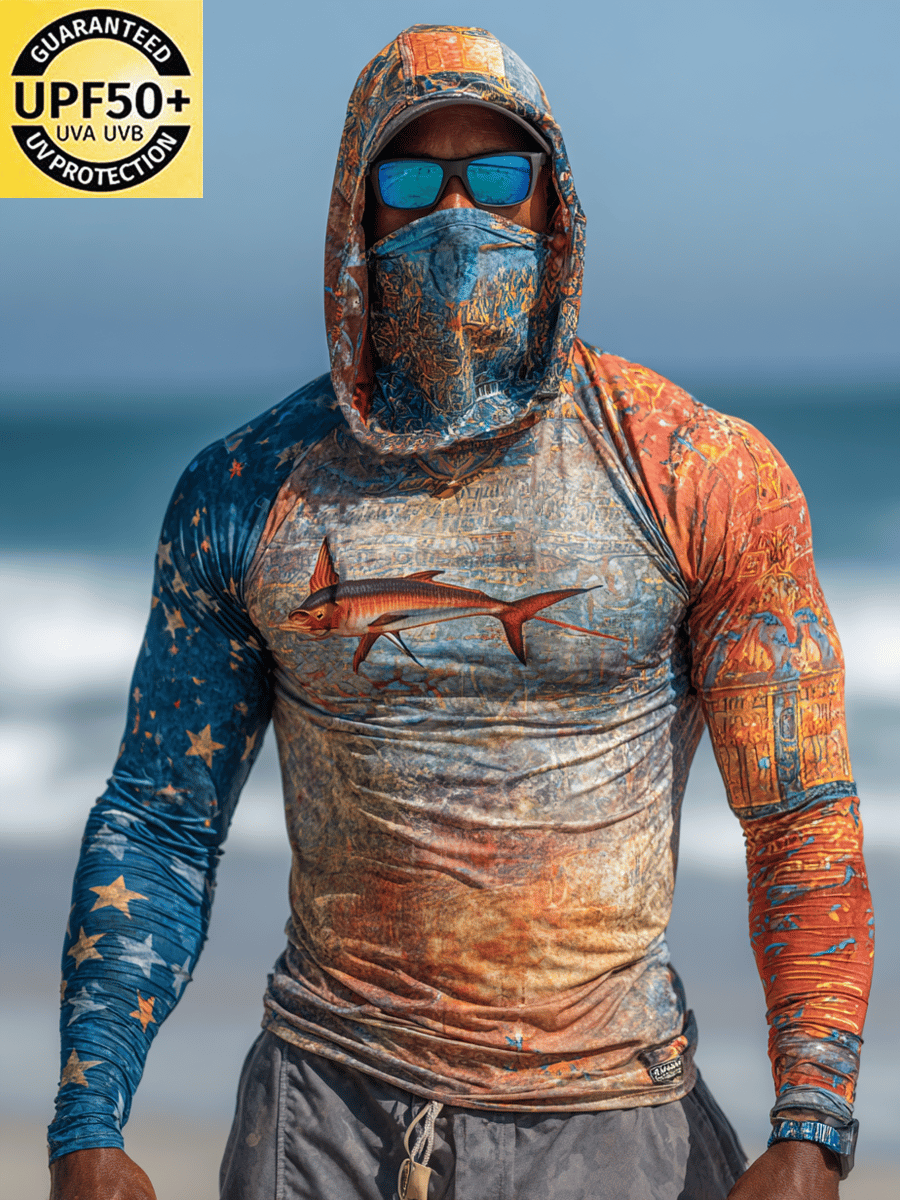Men's Outdoor Sun Protection Breathable Cool Face Mask Hooded Printed Long-Sleeved Top