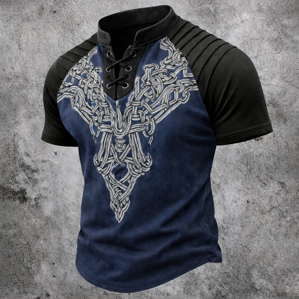Men's Vintage Celtic Knot Print Short Sleeve Shirt - Lace-Up V-Neck & Pleated Shoulder Top