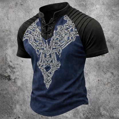 Men's Vintage Celtic Knot Print Short Sleeve Shirt - Lace-Up V-Neck & Pleated Shoulder Top